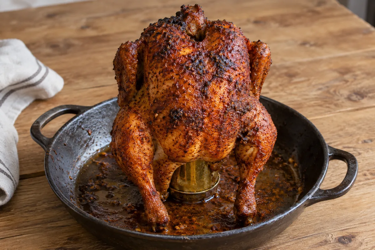 Beer can chicken van de BBQ