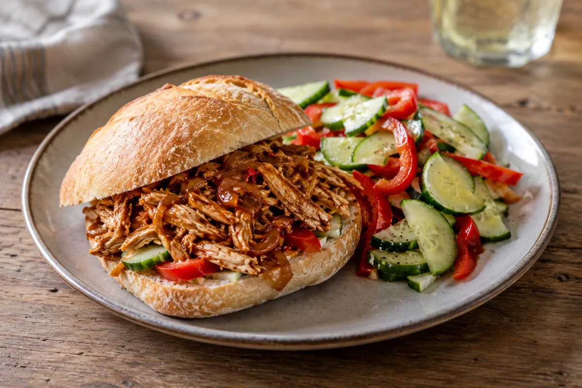 Broodje pulled chicken met frisse salade