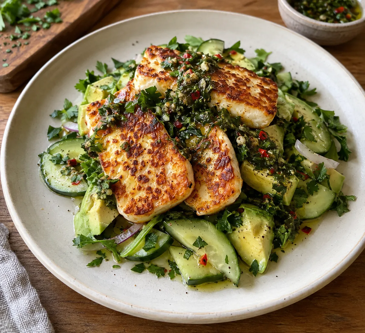 Halloumi met avocado en chimichurri