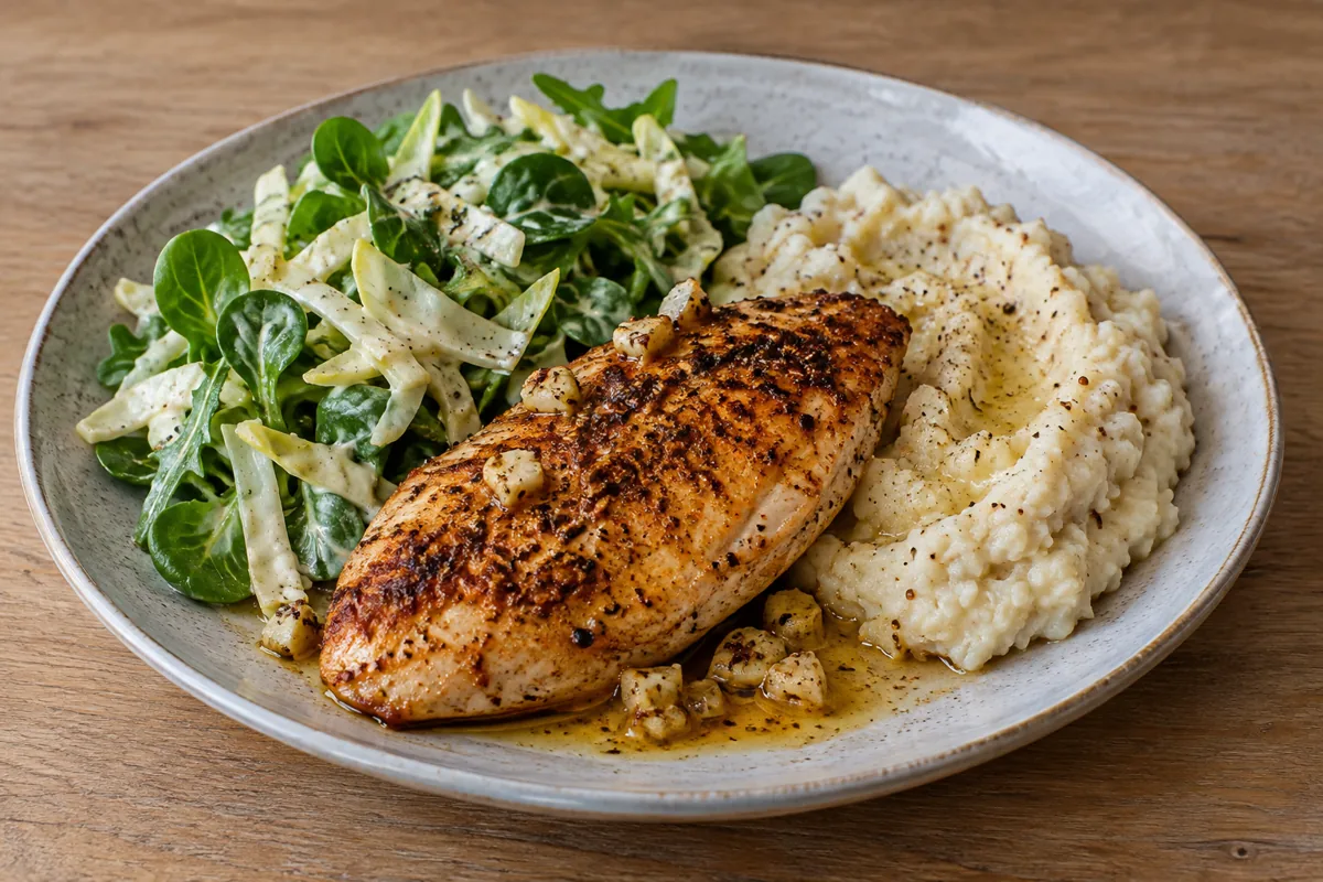 Kipfilet met salade en knolselderijpuree