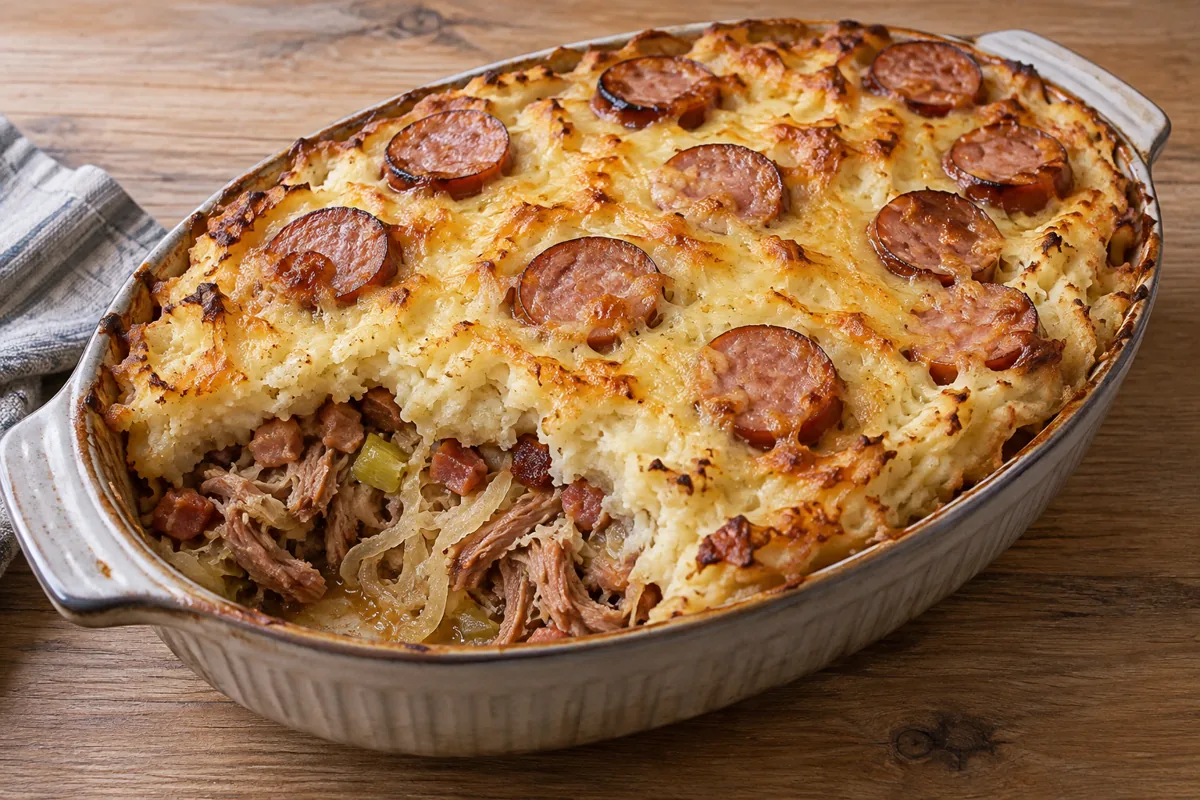 Zuurkoolschotel met Brisket/Pulled Pork en Rokerige Knolselderijpuree